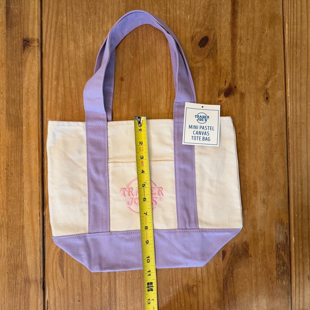 MINI NWT Trader Joe’s Mini Canvas Reusable Tote Bag - Cream with Lavender Straps - Picture 5 of 9